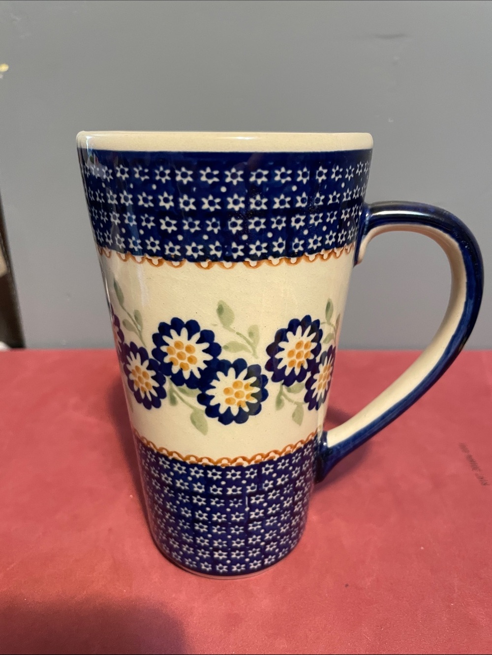 Polish Pottery Boleslawiec Blue Floral Ceramic Coffee Mug - Cream & Navy Pattern